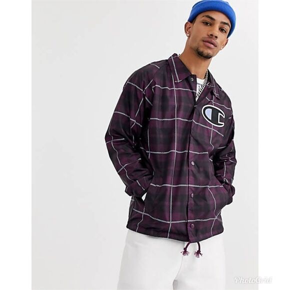 Champion Coaches jacket with ribbed cuffs in plaid purple - Picture 1 of 11